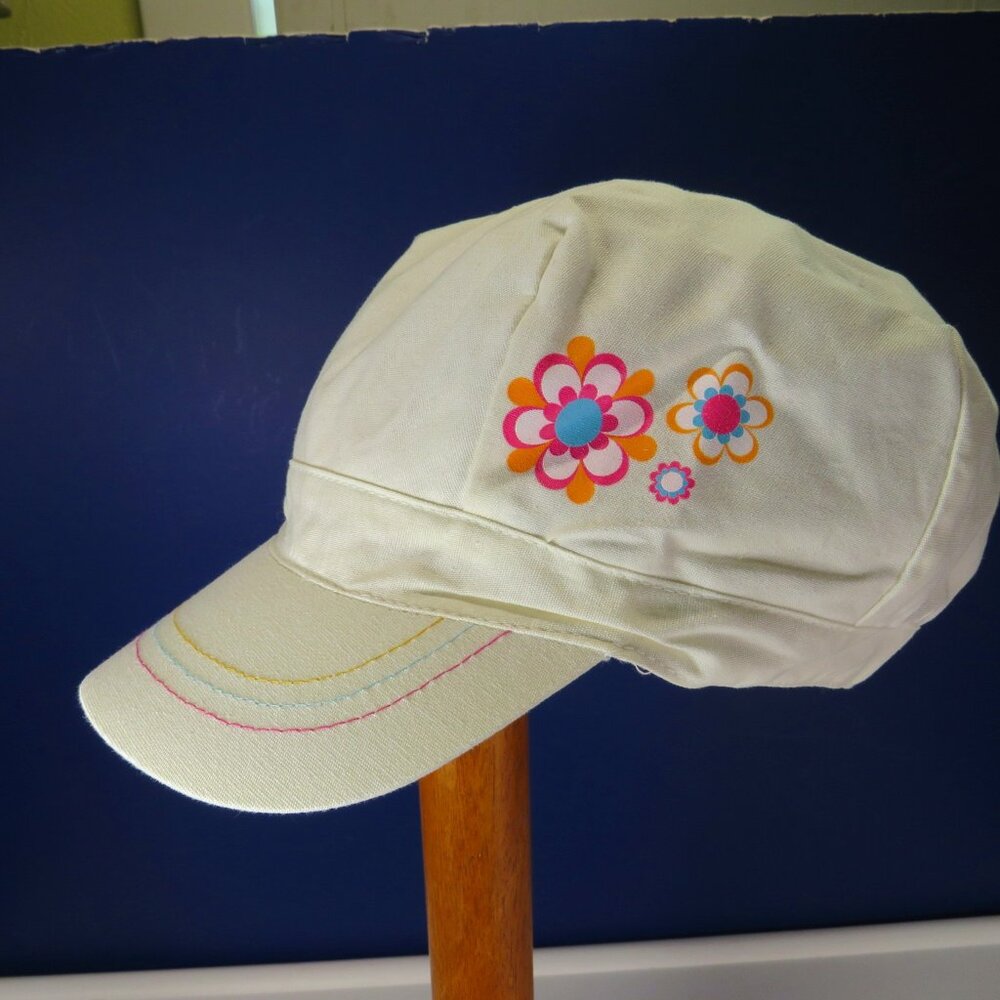 Child's White Cotton Ball Cap Hat w Floral Decal Elastic Back 19" circumferenc